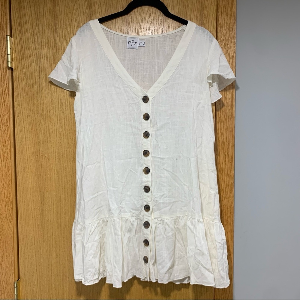 Polly White Linen / Cotton Button Down V Neck Dress - Size 4
